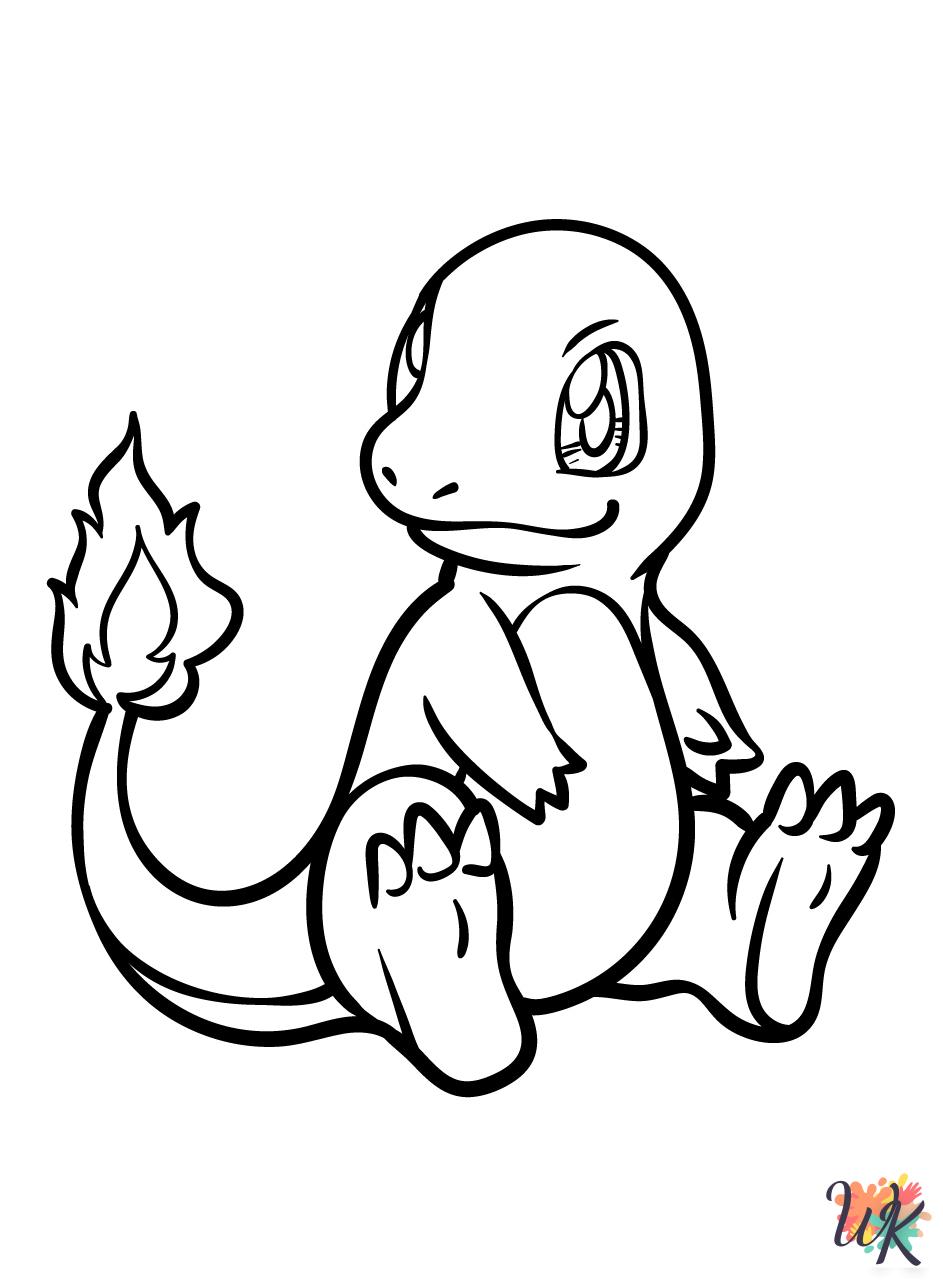 Charmander coloring pages display cute pokemon sitting on rocks with green trees and blue sky background